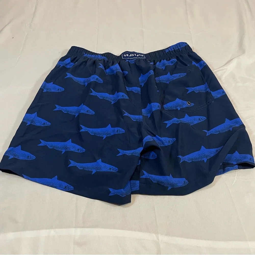 SeaState Mens Swim Trunks Navy Blue Fish Print 4-Way Stretch Mesh Lined‎ Size M